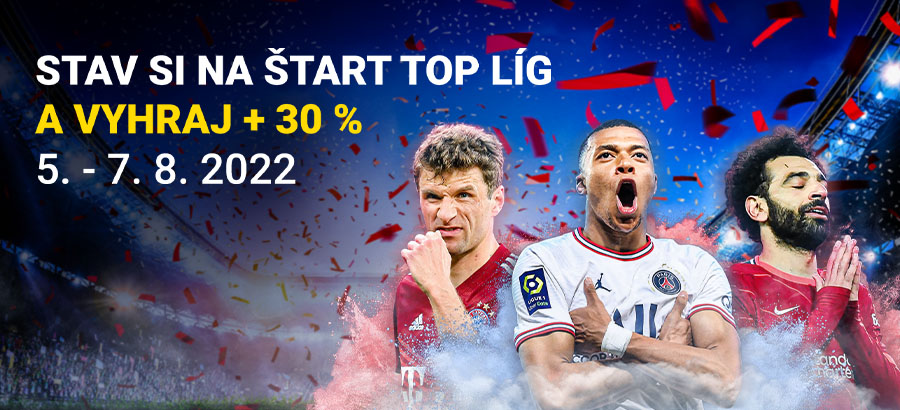 Stav si na štart najlepších futbalových líg a vyhraj + 30 %